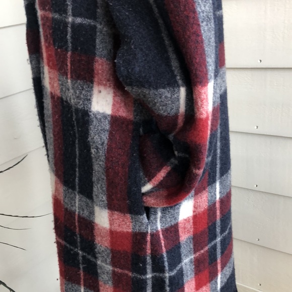 Tahari dark red, white, indigo blue plaid unlined jacket with fun fringe size M - Picture 4 of 12